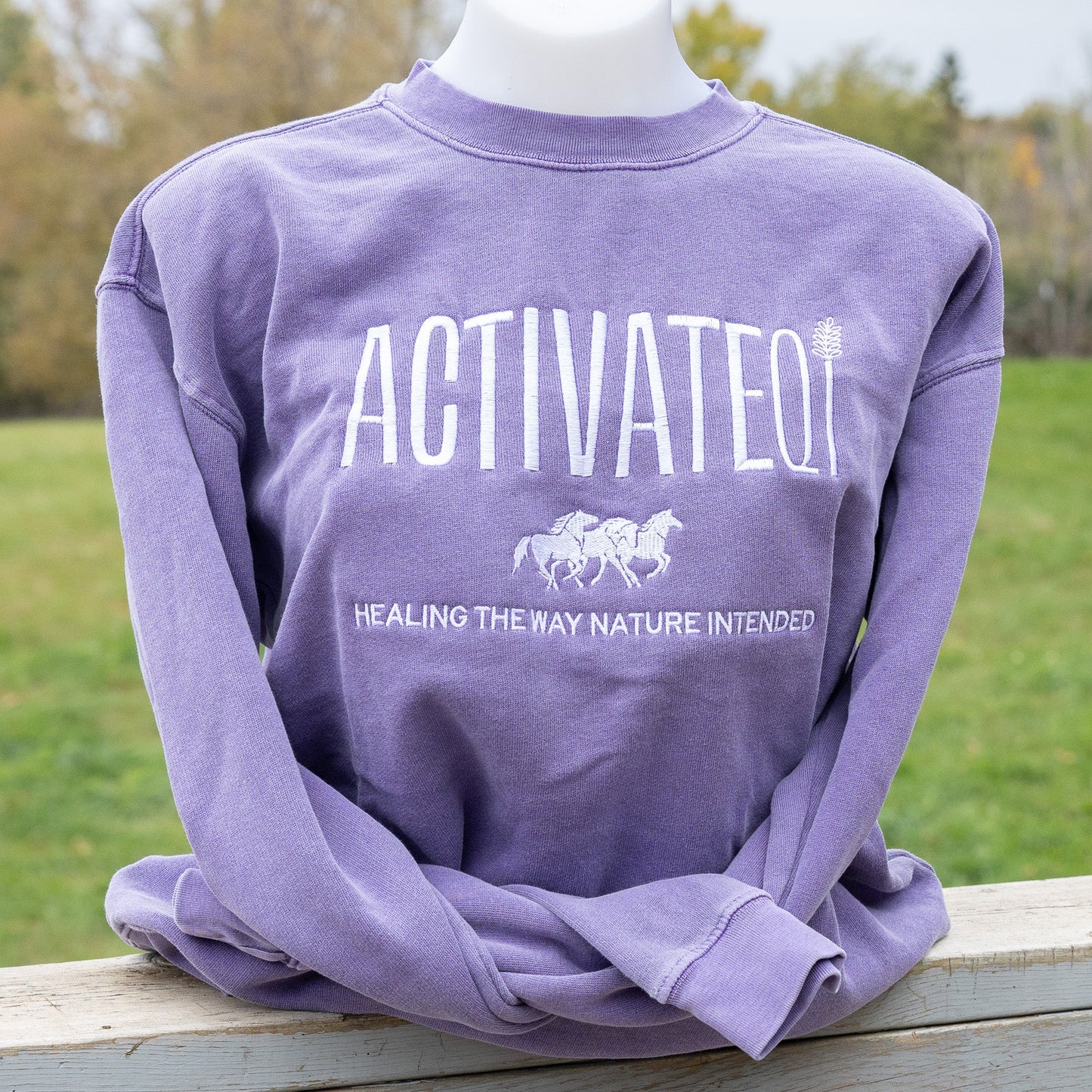 Purple sweatshirt with 'ACTIVATEOI' text on a mannequin outdoors.