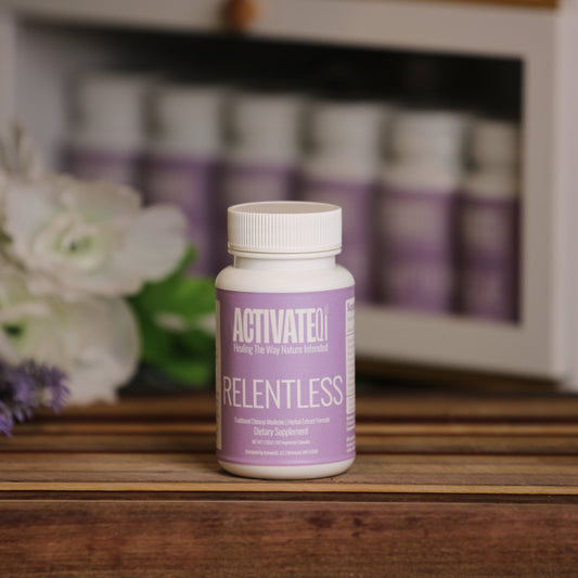 ActivateQi Relentless human supplement on countertop